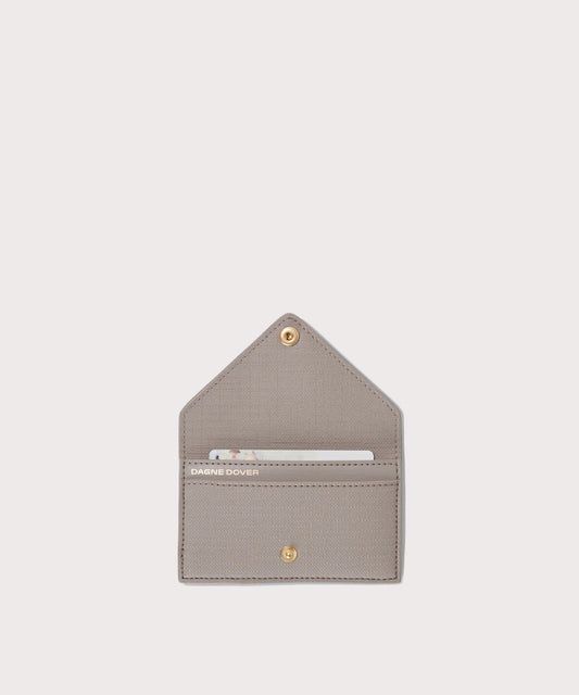 hover - Dagne Dover vegan Card Case in light grey opened revealing the two internal card slots.